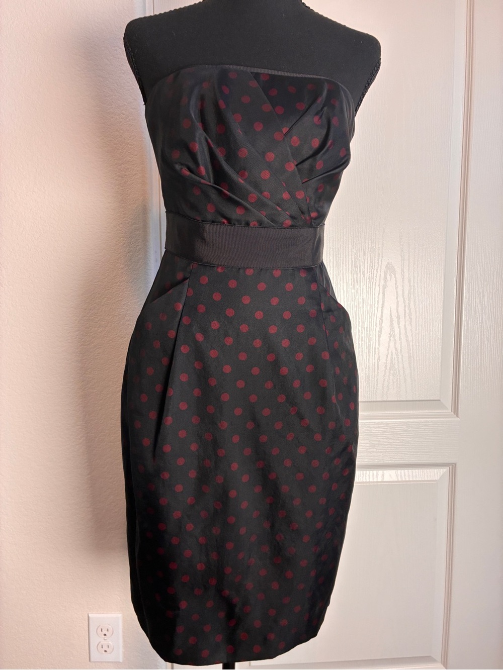 White House Black Market Black Strapless Dress with Burgundy Polka Dots-